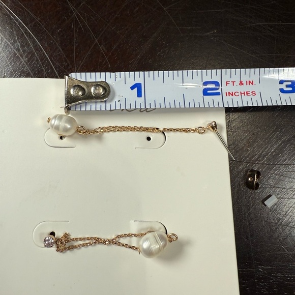 Ettika Double Pierced Earrings with Cubic Zirconia and Pearl on Chain NEW - Picture 3 of 3